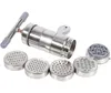 A manual pasta maker with several interchangeable dies is displayed on a white background. Produktbild-Vorschau
