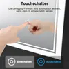 A hand touching a mirror with a glowing circle indicating a touch switch. Below are icons for turning the light on and off. Náhľad obrázku produktu
