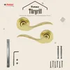 A product image featuring two gold door handles and associated hardware, with marketing text and a brand logo. Produktbild-Vorschau