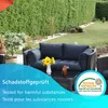 An outdoor lounge set with cushions is shown in a garden setting, with a hedge in the background. Text overlays provide product information and certifications. Produktbild-Vorschau