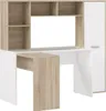 A white and wood-grain corner desk with a hutch and a cabinet. Produktbild-Vorschau