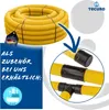 A collage of images showing a coiled yellow drain pipe, close-ups of pipe connectors, and text overlays. Produktbild-Vorschau