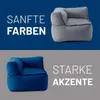 A split image showing two modular beanbag sofa corner pieces, one in gray and one in blue, with German text overlays. Náhled obrázku produktu