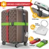 A suitcase with accessories, including straps, a luggage scale, and luggage tags. Produktbild-Vorschau