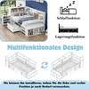 A collage of images and diagrams showcasing a multifunctional bed with storage and shelving, along with feature icons and descriptive text. Podgląd zdjęcia produktu