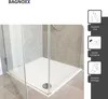 A close-up view of a modern shower stall with a white base and glass doors, set against tiled walls. To the right, there are marketing icons and text highlighting product features. Produktbild-Vorschau