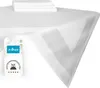 A white tablecloth with a folded stack of smaller white cloths on top, and a product label in the lower left corner. Produktbild-Vorschau