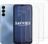 A light blue smartphone is shown next to three transparent screen protectors. The screen protectors are arranged in a staggered formation, with the phone positioned to the left. Produktbild-Vorschau