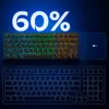 A 60% gaming keyboard with RGB lighting is shown against a dark blue background, with the text "60%" prominently displayed above it. A faint outline of a full-size keyboard is visible below. Produktbild-Vorschau