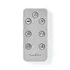 A silver remote control with black icons and text on a white background. Produktbild-Vorschau