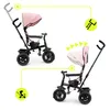 Two images of a pink and black children's tricycle, with diagrams illustrating features. Produktbild-Vorschau
