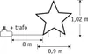 Diagram showing a star-shaped light with dimensions and a power plug with a transformer. Produktbild-Vorschau