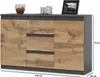 A dresser with three drawers and two doors, with decorative items on top. Produktbild-Vorschau