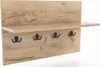 A wooden shelf with four black hooks, presented against a white background. Produktbild-Vorschau