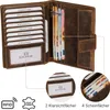 A collage of images showing a brown leather wallet, its interior compartments, and close-ups of its features. Produktbild-Vorschau