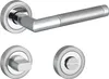A set of door handles and related hardware, including a lever handle, a square knob, and a round lock mechanism, all made of brushed metal. Produktbild-Vorschau