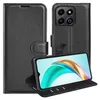 A black flip case for a smartphone is shown open, with the phone displaying a colorful wallpaper. Produktbild-Vorschau