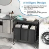 A laundry sorting cart with three bags and an ironing board on top, placed next to a washing machine in a bathroom. Produktbild-Vorschau