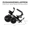 A black Kinderkraft AVEO tricycle is shown against a white background, with text and measurements indicating its features and dimensions. Náhled obrázku produktu