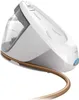 A white and gray steam iron base unit with a bronze-colored tube and a transparent water reservoir, isolated on a white background. Voir les images du produit