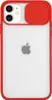 The back of a red and clear iPhone 12 Mini case with a sliding camera cover. Produktbild-Vorschau