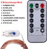 A remote control and a USB connector for LED string lights are shown, along with a list of lighting modes. Produktbild-Vorschau