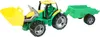 A toy tractor with a trailer and a front loader, shown against a white background. Podgląd zdjęcia produktu