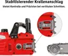 Close-up of a red electric chainsaw with a detailed inset showing the stabilizing claw attachment and a section of the chain. Produktbild-Vorschau