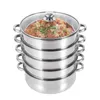 A stack of stainless steel steaming pots with a glass lid, filled with food. Podgląd zdjęcia produktu