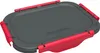 A close-up, angled view of a gray and red lunchbox lid with latches. Produktbild-Vorschau