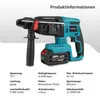 A cordless hammer drill with its battery pack, presented with product specifications in German. Produktbild-Vorschau