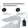 A close-up marketing image of a white faucet with accompanying text and icons highlighting its features. Produktbild-Vorschau