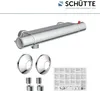 A product shot of a chrome shower thermostat and its accessories against a white background. Produktbild-Vorschau