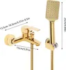A gold-colored shower faucet and handheld showerhead set with measurement indicators. Podgląd zdjęcia produktu