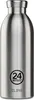 A silver metal water bottle with a logo and text on it, isolated on a white background. Anteprima dell’immagine prodotto