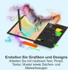 A digital drawing tablet with a stylus, displaying a colorful illustration of an owl in flight, with software interface elements visible on the tablet screen. Produktbild-Vorschau