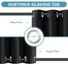 Close-up of black outdoor curtains showing the grommets (ösen) at the top and bottom, with a diagram indicating the size of the grommet. Produktbild-Vorschau