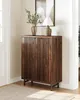 A dark wood shoe cabinet with slatted doors, a vase with greenery, and a lamp on top, placed in a hallway next to a door and a rug. Náhľad obrázku produktu