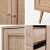 A collage of close-up images showing details of a wooden sideboard with rattan accents. Produktbild-Vorschau