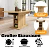 A wooden dining table with storage compartments, shown in a dining room setting with decorative items on top. The image also includes inset graphics highlighting table dimensions and storage features. Produktbild-Vorschau