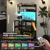 A kitchen shelf unit with various items and LED lighting, showcasing different color options and features. Náhled obrázku produktu