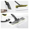 A collage of images showing a steam cleaner head with a cloth attached, being used on a floor, and also showing how to attach the cloth. Produktbild-Vorschau