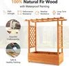 A wooden planter box with a trellis and roof, featuring text highlighting its features and materials. Náhled obrázku produktu