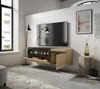A modern living room with a wall-mounted TV and media console featuring an electric fireplace. Produktbild-Vorschau