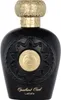 A black bottle of Lattafa Opulent Oud perfume with a gold cap and decorative emblem. Podgląd zdjęcia produktu
