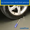 A close-up of a Goodyear wheel wrench next to a car tire, with a marketing banner at the top. Produktbild-Vorschau