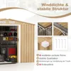 A detailed view of a wooden-style metal shed, showcasing its interior storage and structural components with accompanying text and diagrams. Podgląd zdjęcia produktu