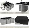 Collage of images showing a rattan furniture set, its features, and a protective cover. Produktbild-Vorschau
