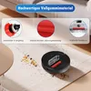 A robot vacuum cleaner on a rug, with close-up images of its parts and a text overlay. Produktbild-Vorschau
