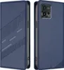 A blue flip-style phone case shown from two angles, open and closed.